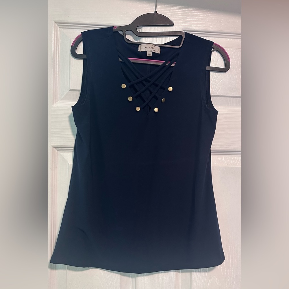 Navy Tank with Crisscross Lattice and Gold Studs Liz McCoy Petite SM